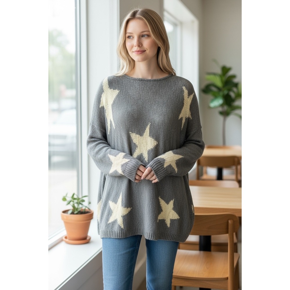 Chelsea & Theodore Women's Medium Blue Gray Cream Star Knit Sweater Lightweight